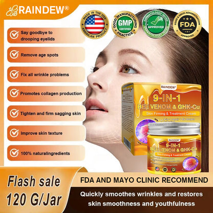 【Official Shop】RAINDEW® 9-IN-1 BEE VENOM & GHK-Cu Skin Firming & Treatment Cream Anti-aging, Hydrating, Skin Repair, Even Tone, Acne and Dark Spot Treatment, Wart and Mole Removal, Psoriasis Relief