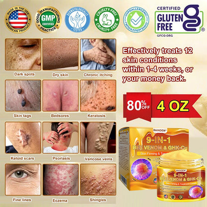 【Official Shop】RAINDEW® 9-IN-1 BEE VENOM & GHK-Cu Skin Firming & Treatment Cream Anti-aging, Hydrating, Skin Repair, Even Tone, Acne and Dark Spot Treatment, Wart and Mole Removal, Psoriasis Relief